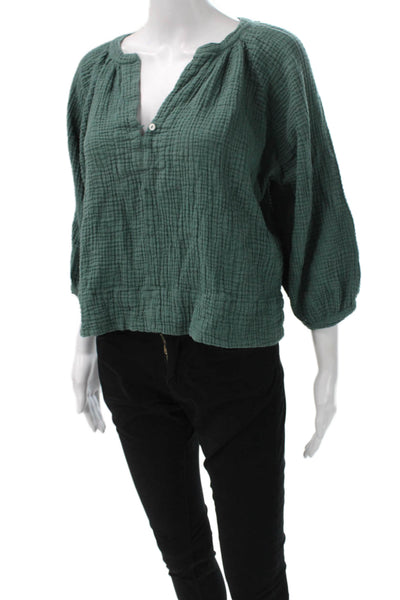 Neve & Hawk Womens V-Neck Cotton Blend 3/4 Sleeve Basic Blouse Green Size M