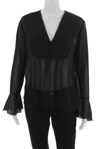 ATM Womens Petites Black V-Neck Long Sleeve Basic Blouse Polyester Blend Size S