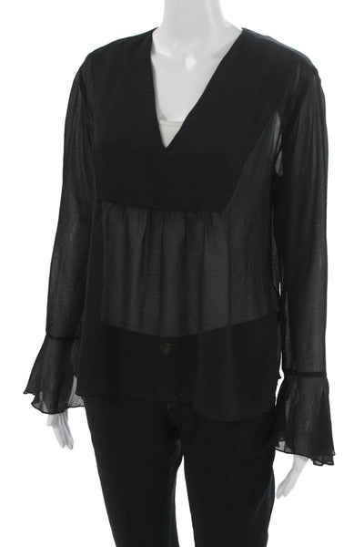 ATM Womens Petites Black V-Neck Long Sleeve Basic Blouse Polyester Blend Size S