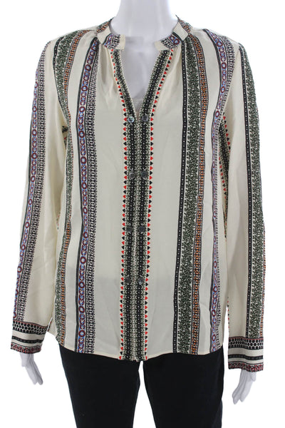 Derek Lam Womens Silk Striped V-Neck Tunic Blouse Long Sleeve Beige Size 4