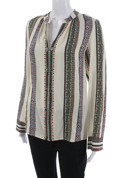 Derek Lam Womens Silk Striped V-Neck Tunic Blouse Long Sleeve Beige Size 4