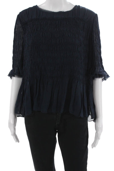 Jason Wu Womens Blue Silk Tunic Blouse Round Neck Pullover 3/4 Sleeve Size 4