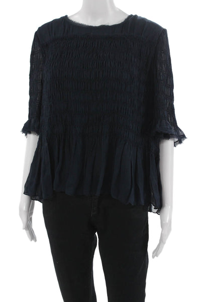 Jason Wu Womens Blue Silk Tunic Blouse Round Neck Pullover 3/4 Sleeve Size 4