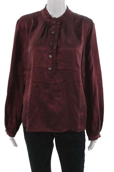 Rails Women Basic Silk High Neck Long Sleeve Button Blouse Red Size L