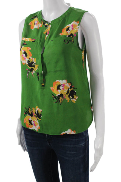 A.L.C. Womens Silk Floral Henley Sleeveless Button Blouse Green Size 2