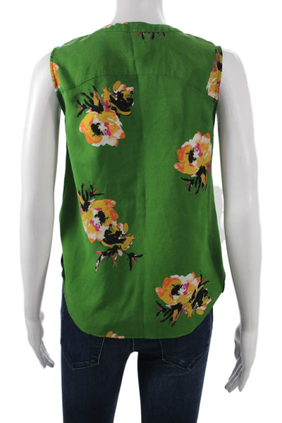 A.L.C. Womens Silk Floral Henley Sleeveless Button Blouse Green Size 2