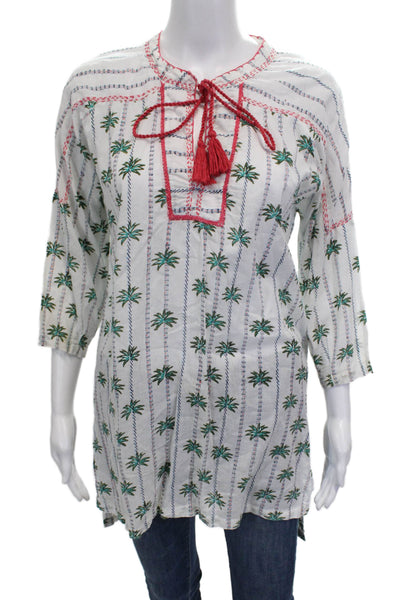 Roller Rabbit Women Tunic Blouse White Floral V-Neck 3/4 Sleeve Cotton Size S