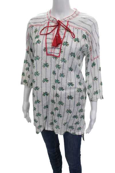 Roller Rabbit Women Tunic Blouse White Floral V-Neck 3/4 Sleeve Cotton Size S