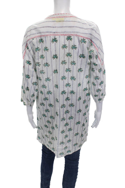 Roller Rabbit Women Tunic Blouse White Floral V-Neck 3/4 Sleeve Cotton Size S