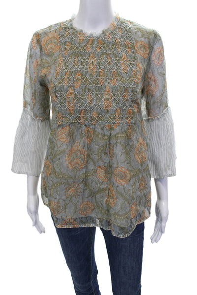 LMNL Womens Tunic Blouse Gray Floral High Neck Button Cotton 3/4 Sleeve Size M