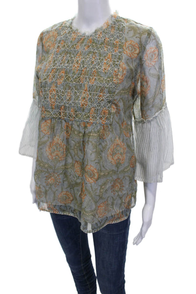 LMNL Womens Tunic Blouse Gray Floral High Neck Button Cotton 3/4 Sleeve Size M