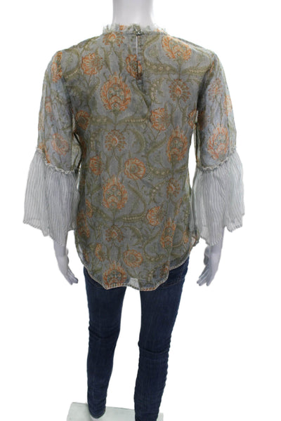 LMNL Womens Tunic Blouse Gray Floral High Neck Button Cotton 3/4 Sleeve Size M