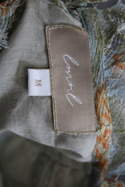 LMNL Womens Tunic Blouse Gray Floral High Neck Button Cotton 3/4 Sleeve Size M