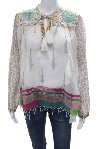 Roberta Roller Rabbit Womens Tunic Blouse White Floral Cotton Size S