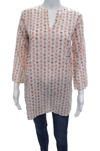 Roller Rabbit Womens Tunic White VNeck Geometric 3/4 Sleeve Cotton Size S