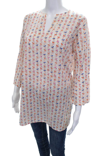 Roller Rabbit Womens Tunic White VNeck Geometric 3/4 Sleeve Cotton Size S