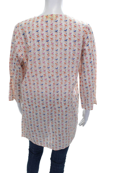 Roller Rabbit Womens Tunic White VNeck Geometric 3/4 Sleeve Cotton Size S