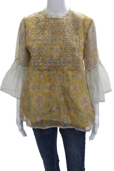 LMNL Women Yellow Cotton Floral High Neck Tunic 3/4 Sleeve Size M