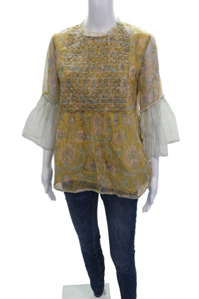 LMNL Women Yellow Cotton Floral High Neck Tunic 3/4 Sleeve Size M