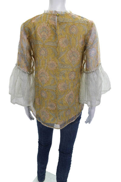 LMNL Women Yellow Cotton Floral High Neck Tunic 3/4 Sleeve Size M