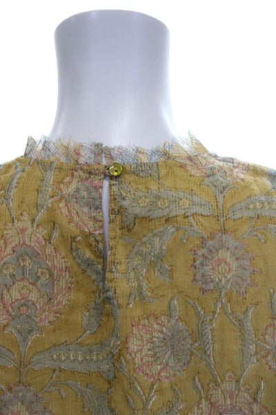 LMNL Women Yellow Cotton Floral High Neck Tunic 3/4 Sleeve Size M