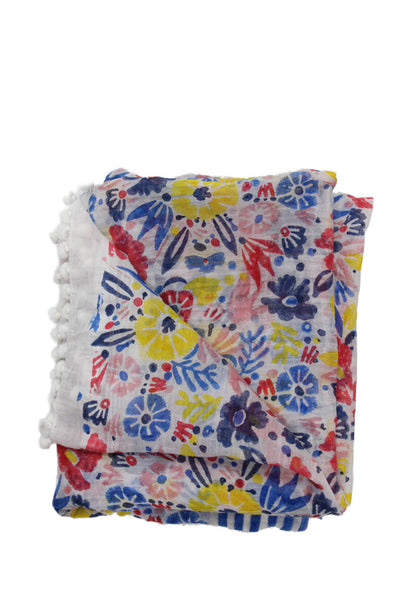 Roller Rabbit Womens Floral Print Pom Pom Trim Scarf Multi Colored Cotton