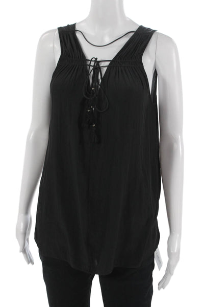 Ramy Brook Women Black Lace Up V-Neck Tunic Tank Sleeveless Polyester Size S
