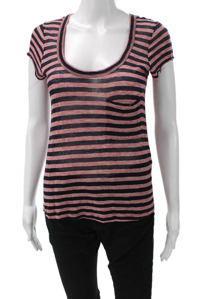 ALC Womens Basic Striped Scoop Neck Rayon T-Shirt Pink Short Sleeve Size S