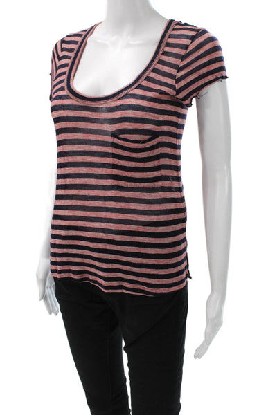 ALC Womens Basic Striped Scoop Neck Rayon T-Shirt Pink Short Sleeve Size S