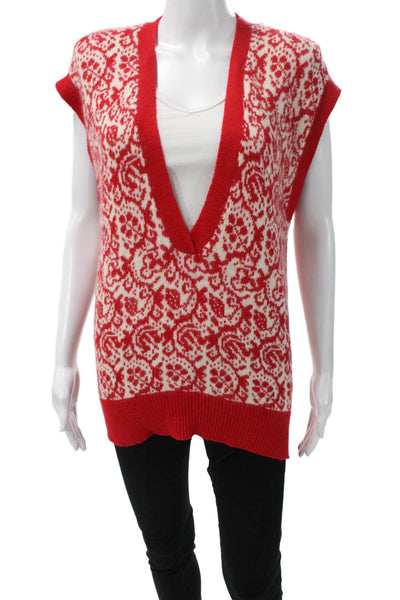 Nordstrom Womens Red Lambswool Paisley V-Neck Vest Sleeveless Fall Size S