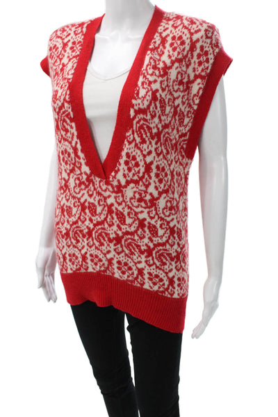 Nordstrom Womens Red Lambswool Paisley V-Neck Vest Sleeveless Fall Size S