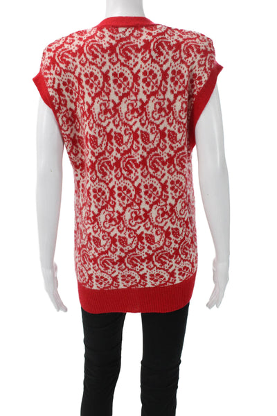 Nordstrom Womens Red Lambswool Paisley V-Neck Vest Sleeveless Fall Size S