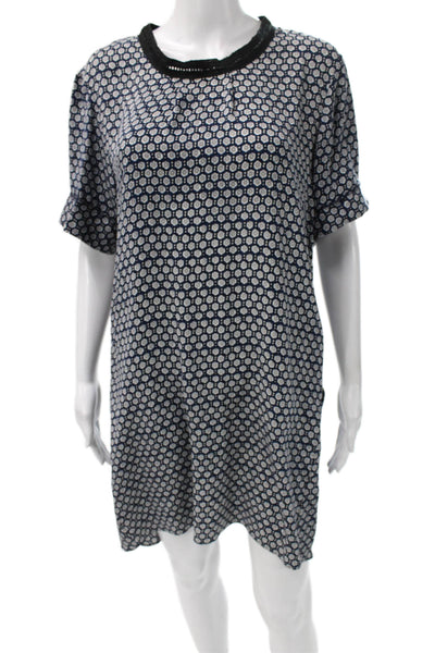 Sea Womens Shift Dress Blue Silk Geometric Round Neck Short Sleeve Zip Size 6