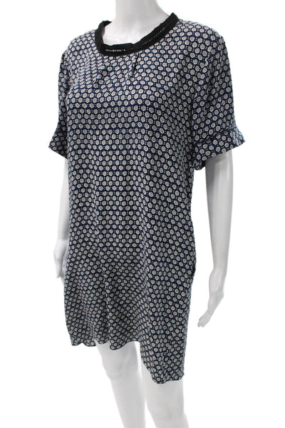 Sea Womens Shift Dress Blue Silk Geometric Round Neck Short Sleeve Zip Size 6