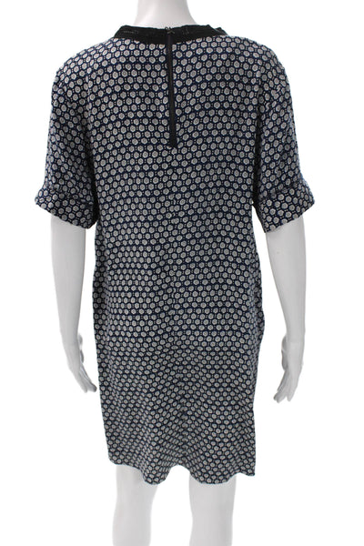 Sea Womens Shift Dress Blue Silk Geometric Round Neck Short Sleeve Zip Size 6
