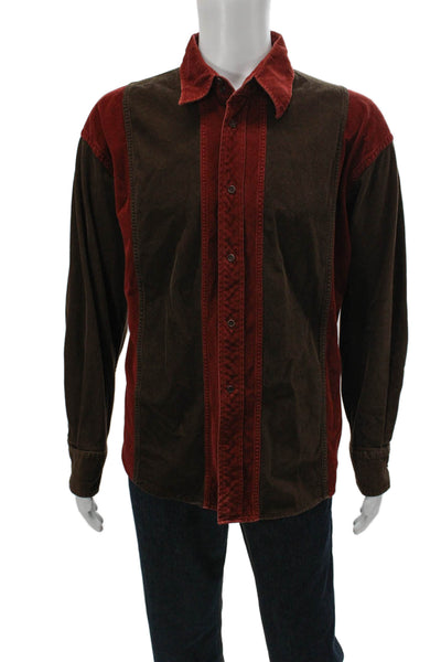 Faconnable Mens Button Up Colorblock Brown Collared Shirt Size XL