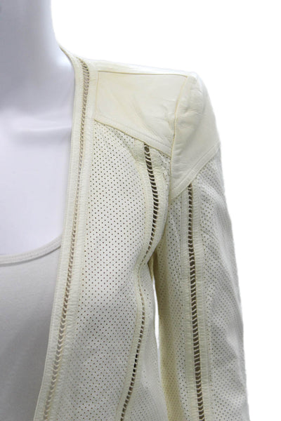Roberto Cavalli Womens Basic Leather Jacket Ivory Long Sleeve Size 40