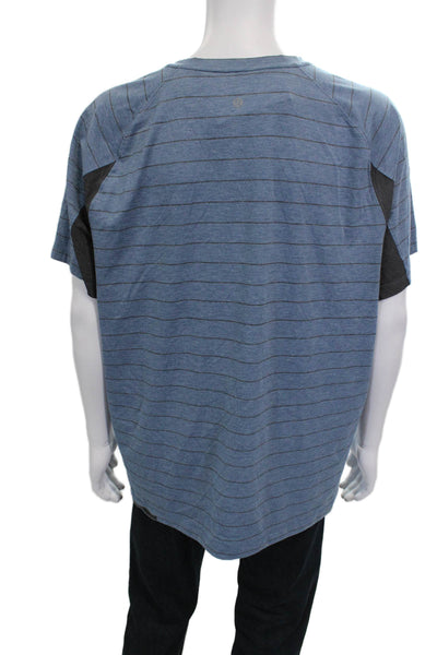 Lululemon Mens Blue Striped V-Neck Short Sleeve Nylon Blend T-Shirt Size XL