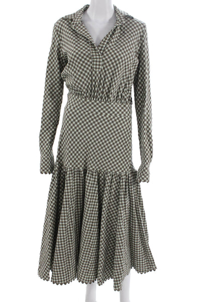 Tish Cox Women Fit & Flare Gingham Midi Dress Brown Long Sleeve Size 2XS
