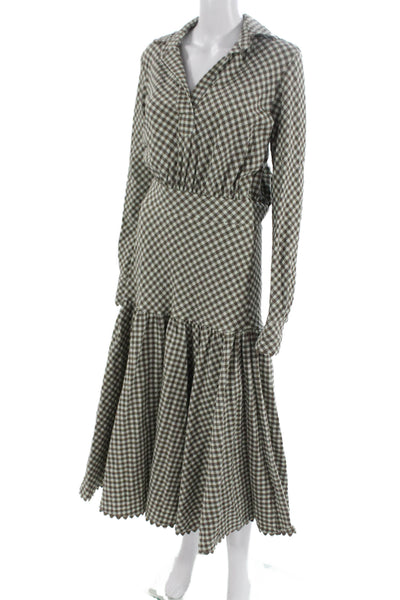 Tish Cox Women Fit & Flare Gingham Midi Dress Brown Long Sleeve Size 2XS