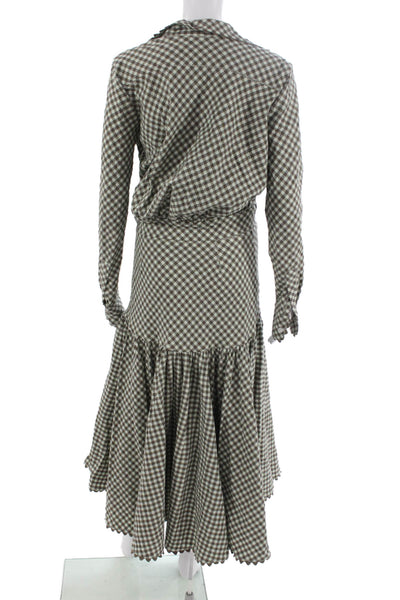 Tish Cox Women Fit & Flare Gingham Midi Dress Brown Long Sleeve Size 2XS