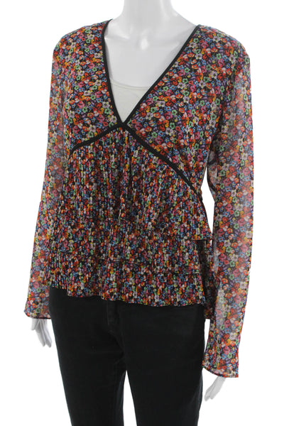 The Kooples Women Floral V Neck Long Sleeve Zip Polyester Blouse Size 3
