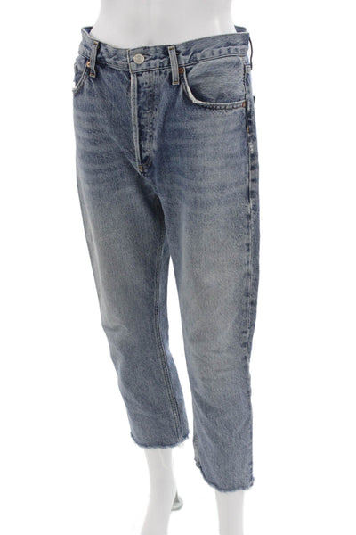 Agolde Women Cropped High Rise Blue Jeans Button Fly 25 Inseam Size 28