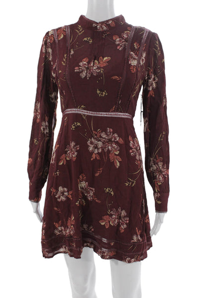 Aster Women Fit & Flare Dress Red Viscose High Neck Long Sleeve Button Size S