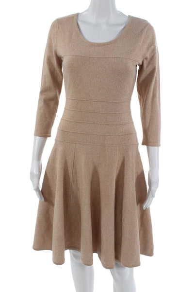 Eva Mendes Womens Fit and Flare Dress Beige 3/4 Sleeve Round Neck Size S