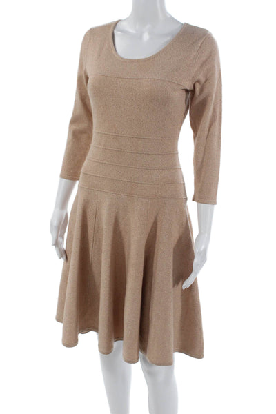 Eva Mendes Womens Fit and Flare Dress Beige 3/4 Sleeve Round Neck Size S