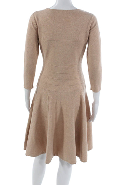 Eva Mendes Womens Fit and Flare Dress Beige 3/4 Sleeve Round Neck Size S