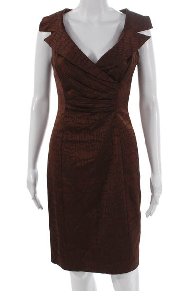 Kay Unger Womens Sheath Dress Brown Animal Print V Neck Zip Size 2