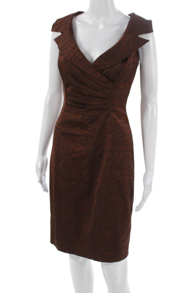 Kay Unger Womens Sheath Dress Brown Animal Print V Neck Zip Size 2