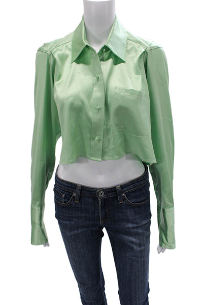 T Alexander Wang Women Cropped Button-Up Collared Green Polyester Blend Size XS